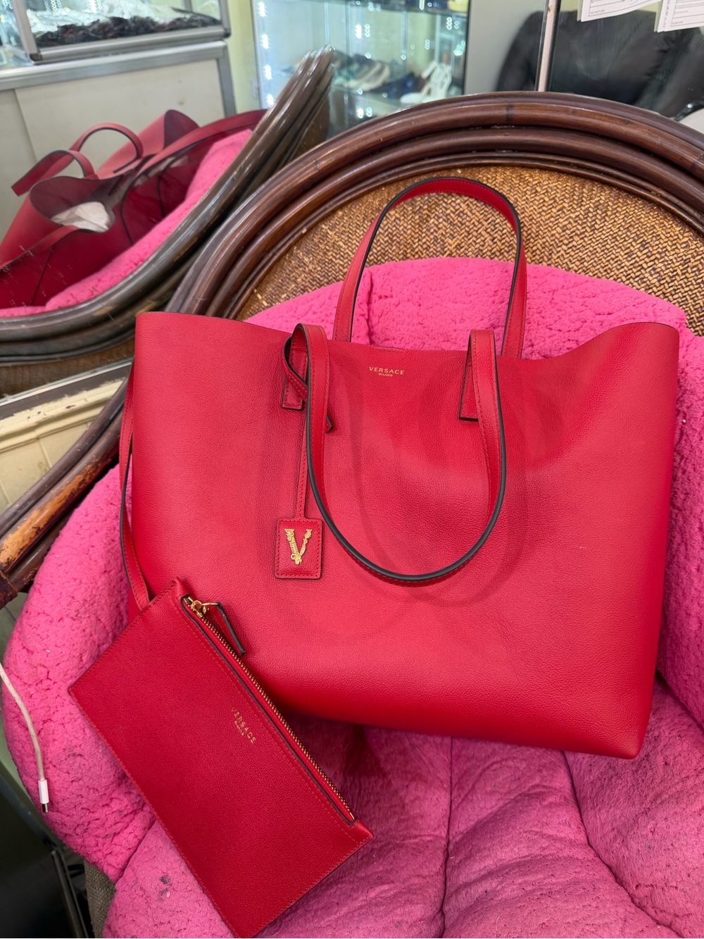 Versace Red Leather Tote with Matching Zip Pouch